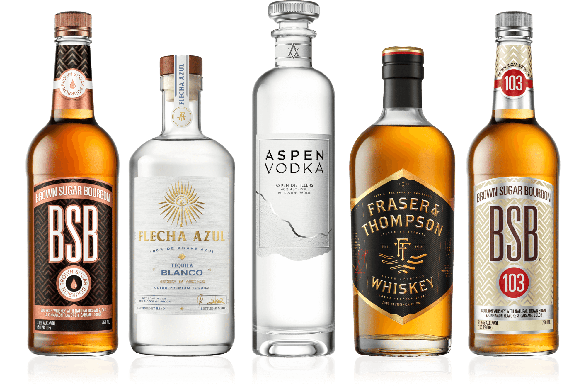 Flecha Azul, BSB, Fraser & Thompson, and Aspen Vodka bottles